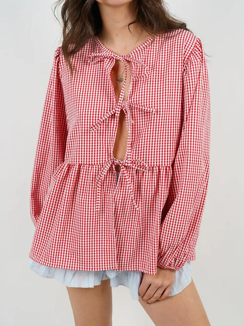 'Adalet' Linen Look Tie Front Smock Blouse - Celes Fashion